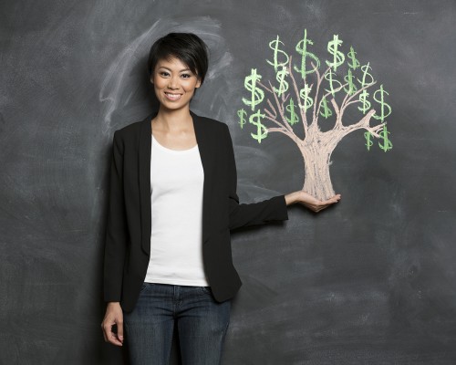 young women with a money tree money tree for income, savings, expenses, debt